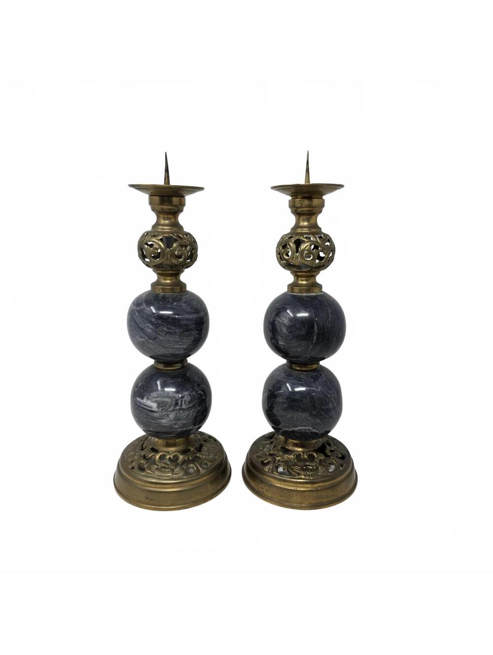 Vintage Indian Brass Marble Pricket Candlesticks Pair 12.25 Inch